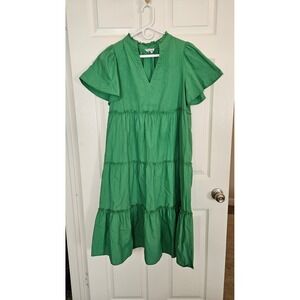 Sugarlips Green Cotton Poplin Tiered Midi Dress Ruffle V-Neck Flutter Sleeve XS